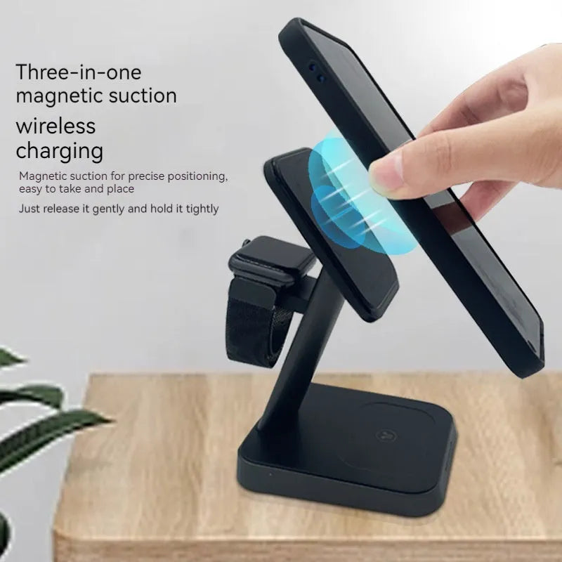 Black cube-shaped wireless charging station with 10000mAh battery charging a phone, smartwatch and earbuds