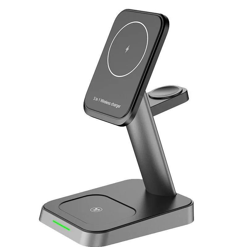 Black cube-shaped wireless charging station with 10000mAh battery charging a phone, smartwatch and earbuds