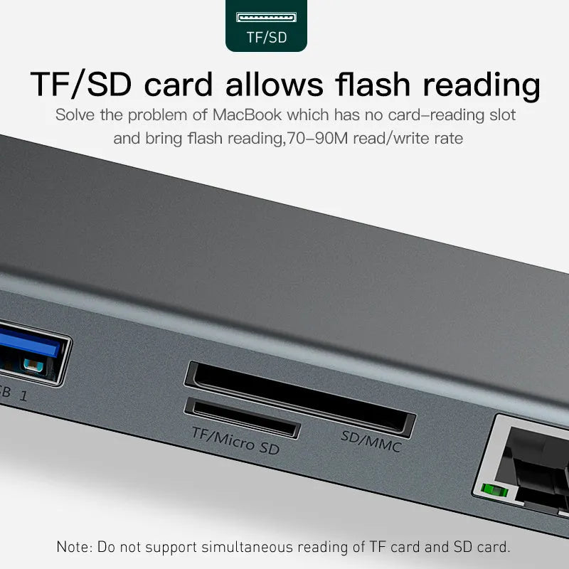 Grey aluminium USB C docking station with ten ports including HDMI, VGA, and Ethernet