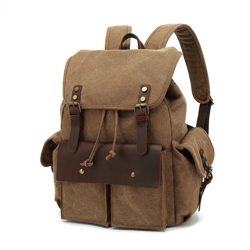 Retro wear-resistant canvas backpack in army green with antique bronze hardware, 16-inch laptop capacity