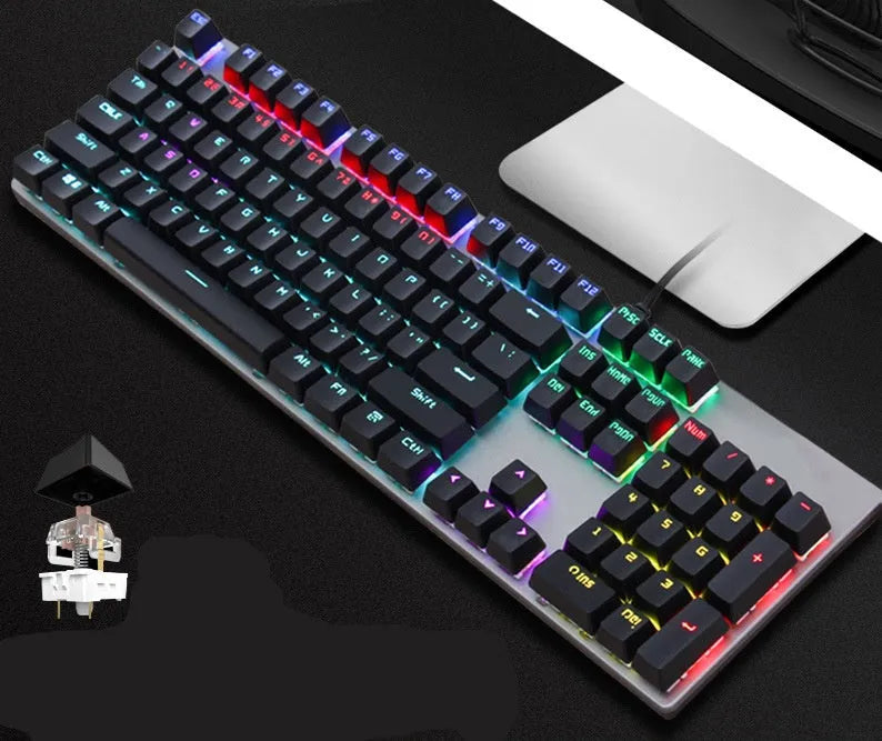 AOC GK410 mechanical keyboard with full 104-key layout and green axis switches on a desk.