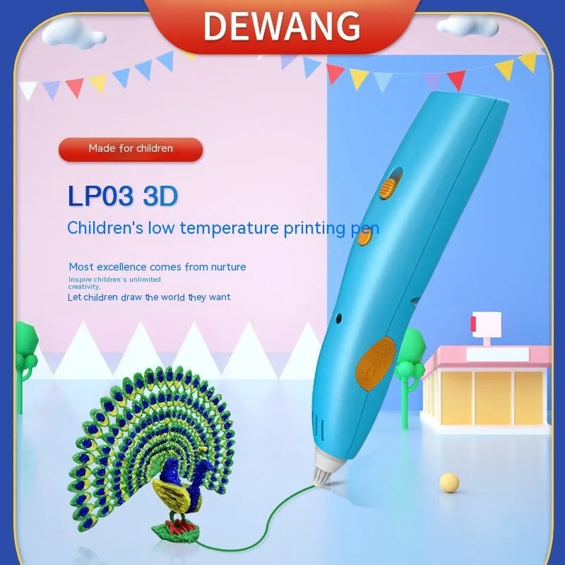Children's wireless 3D printing pen in blue, plastic construction, 14.2cm length, rechargeable cool-touch drawing toy