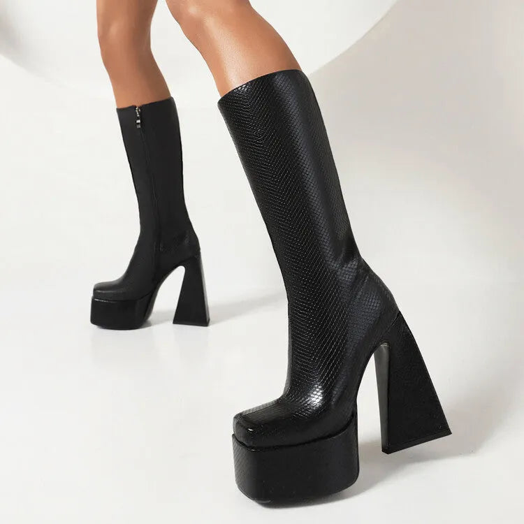Women's black casual high boots with a PU leather upper, shown alongside red, blue, and white colour variants.