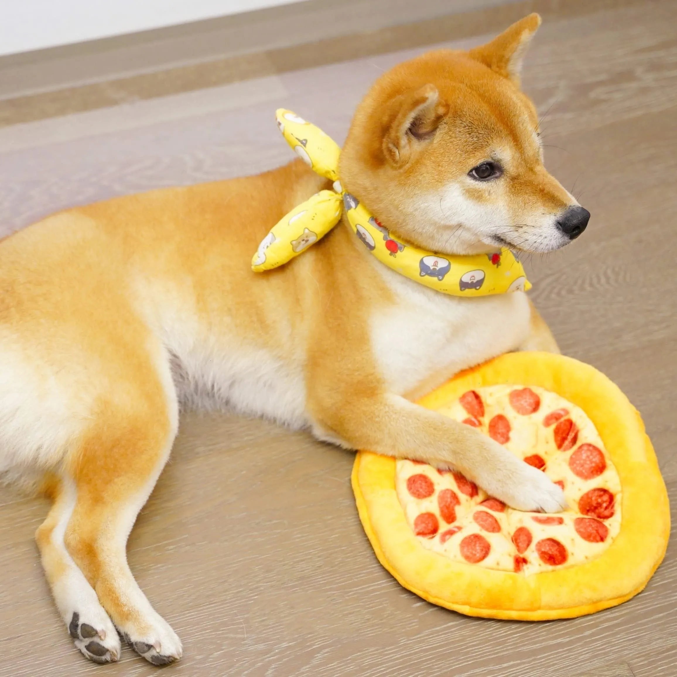 Yellow pizza slice dog chew toy with squeaker and dental grinding surfaces