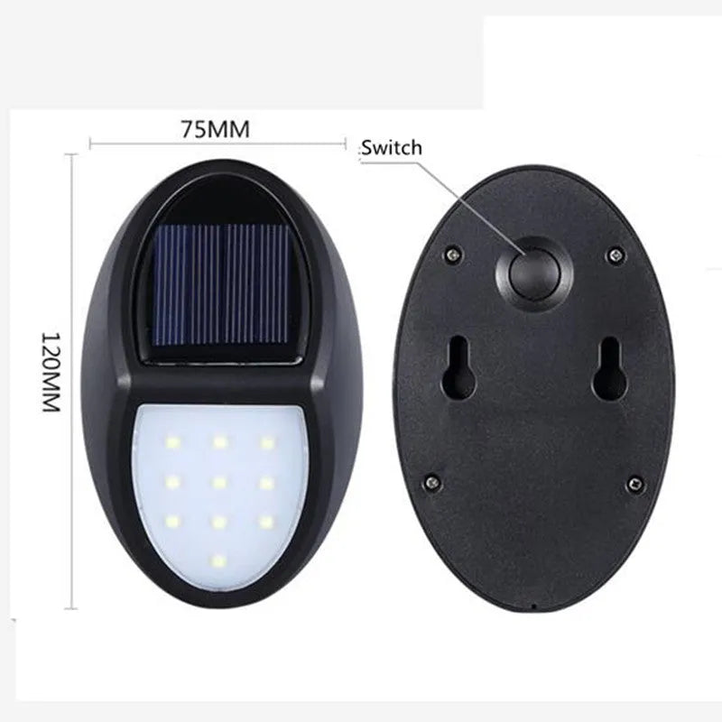 Black solar-powered wall light with automatic sensor for garden and outdoor security lighting