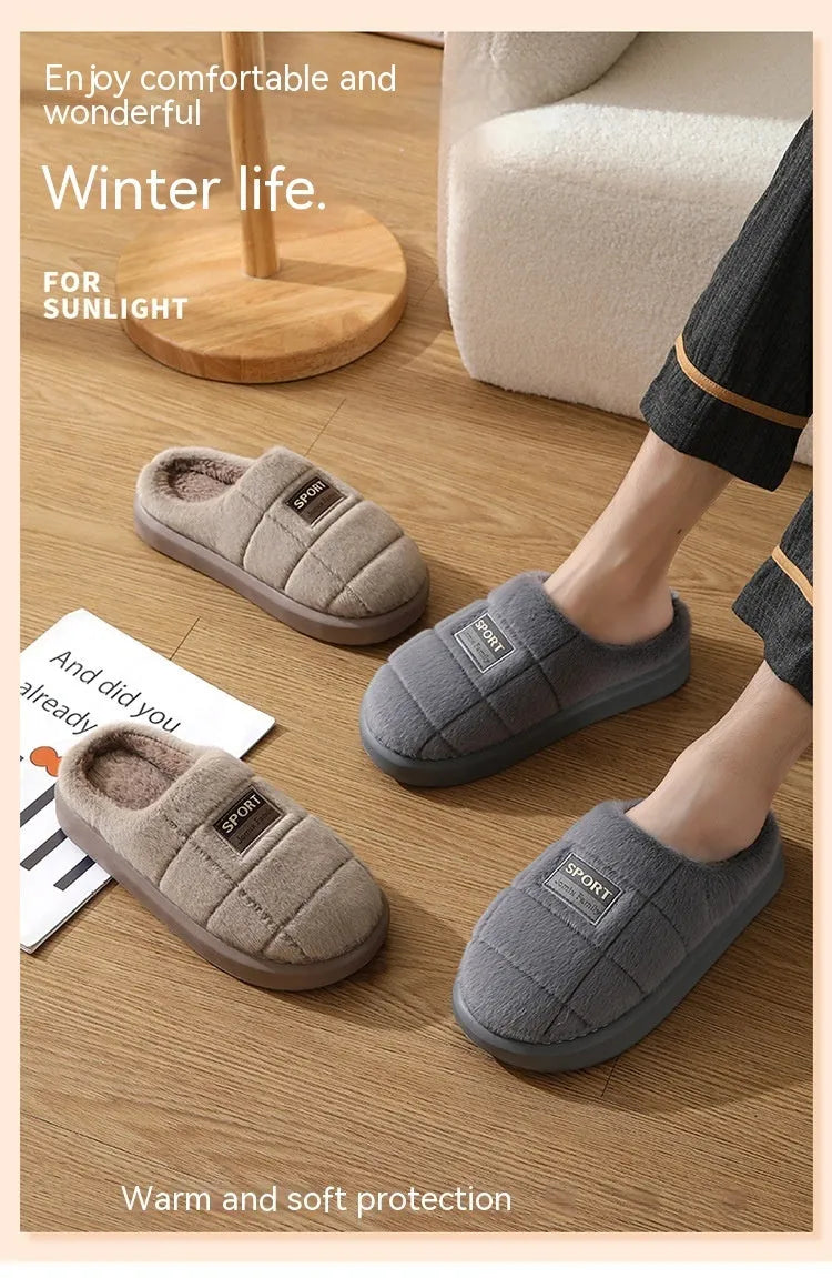 Men's grey and brown plaid pattern slippers with rabbit hair trim and a thick EVA sole.
