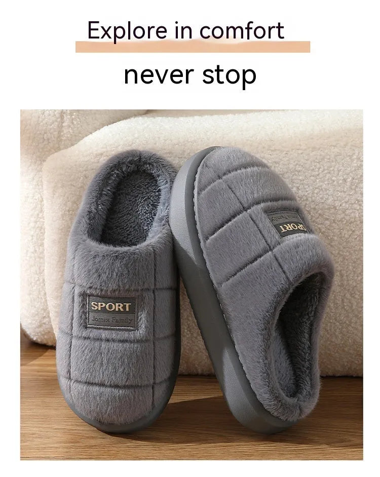 Men's grey and brown plaid pattern slippers with rabbit hair trim and a thick EVA sole.
