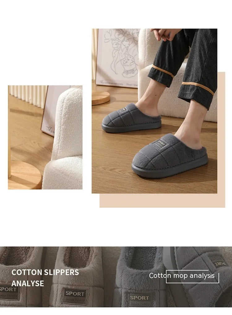 Men's grey and brown plaid pattern slippers with rabbit hair trim and a thick EVA sole.