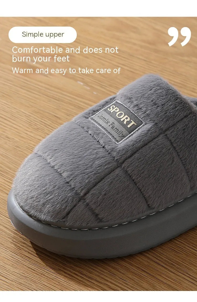 Men's grey and brown plaid pattern slippers with rabbit hair trim and a thick EVA sole.