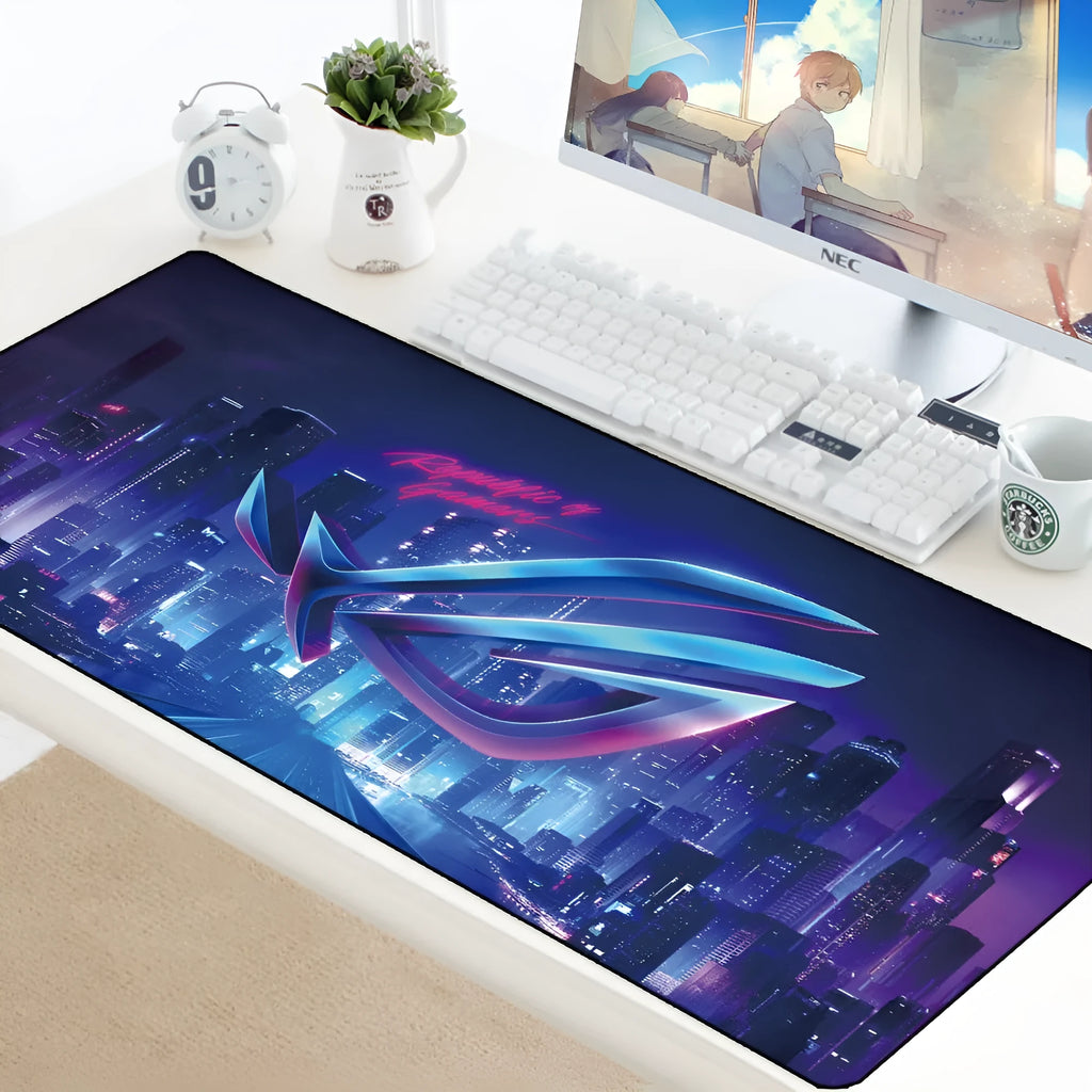 Large 800x300mm desk mouse pad with natural rubber base and Jiaji cloth surface in ROG anime style