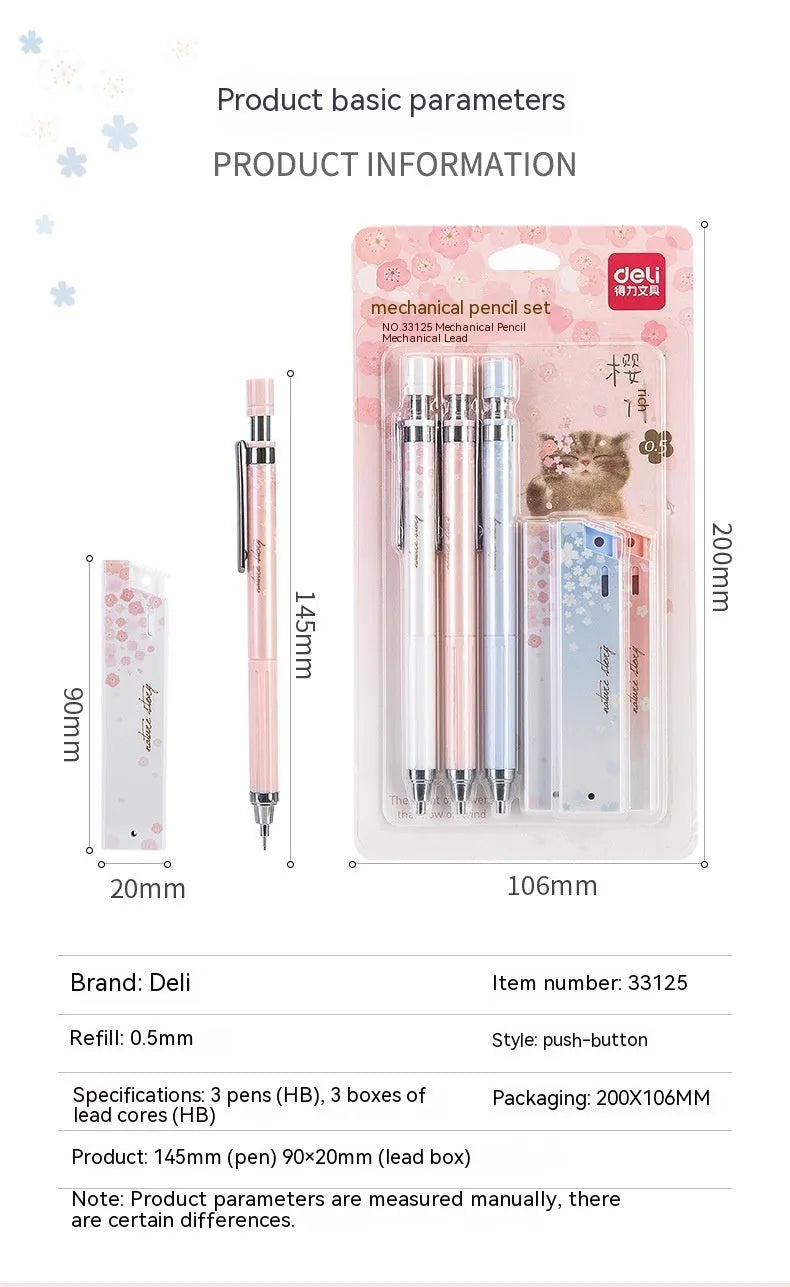 Set of three cartoon-style 0.5mm automatic pencils and boxes of HB lead refills.