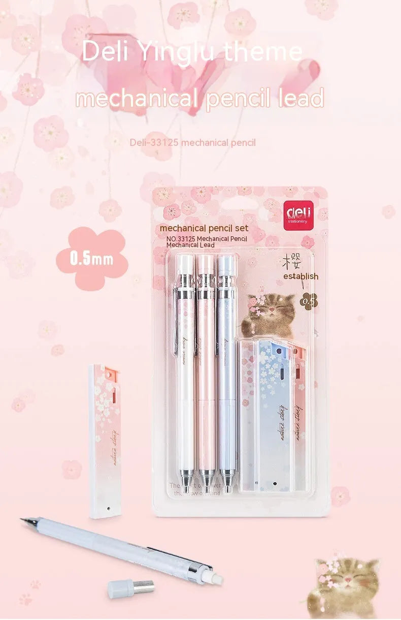 Set of three cartoon-style 0.5mm automatic pencils and boxes of HB lead refills.