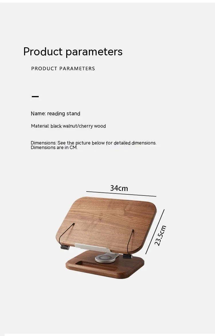 Black walnut solid wood adjustable rotating reading rack holding an iPad on a desk