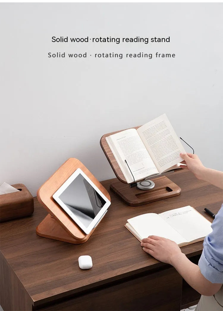 Black walnut solid wood adjustable rotating reading rack holding an iPad on a desk
