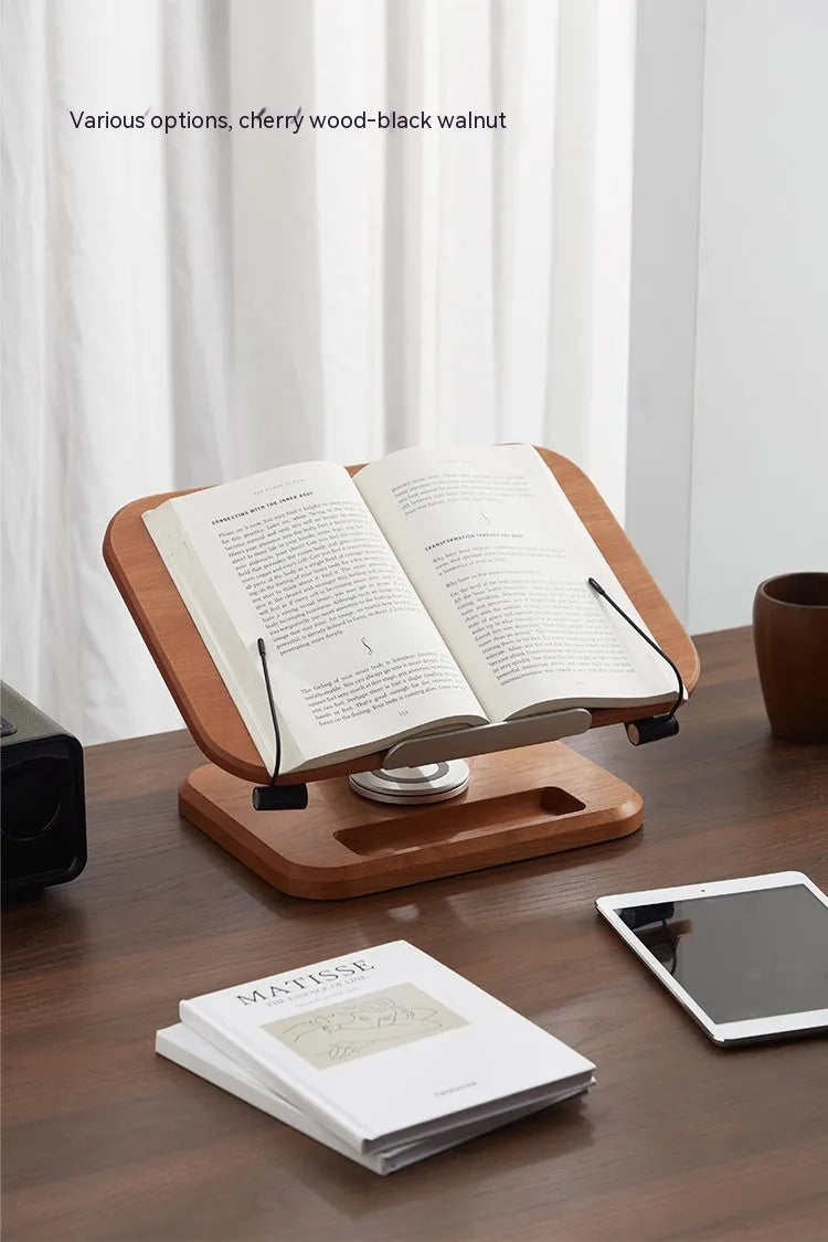 Black walnut solid wood adjustable rotating reading rack holding an iPad on a desk