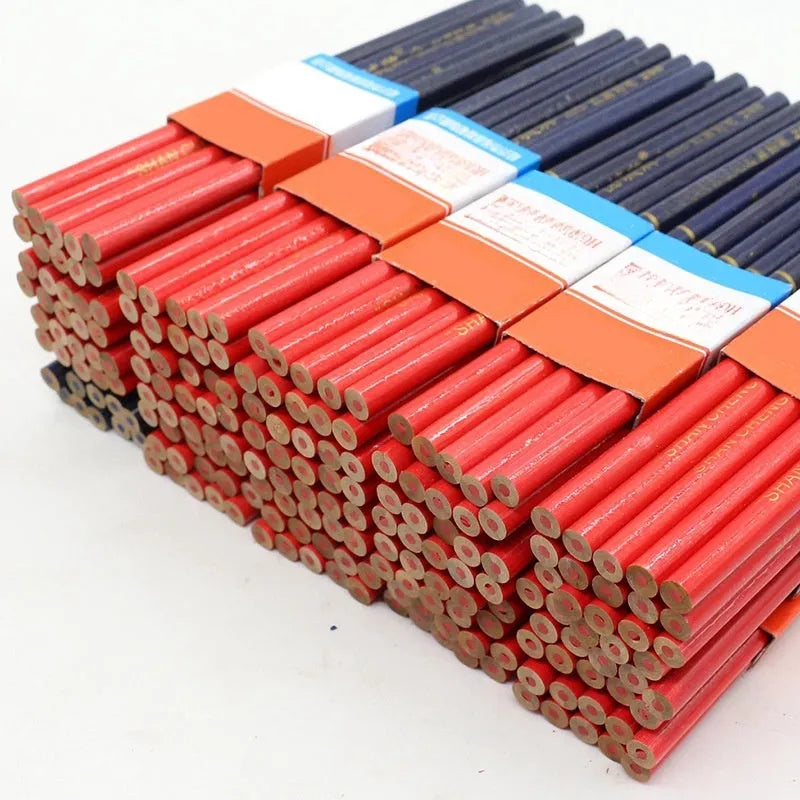 Red and blue two-colour round carpenter's pencil with wooden body, 10 pieces pack