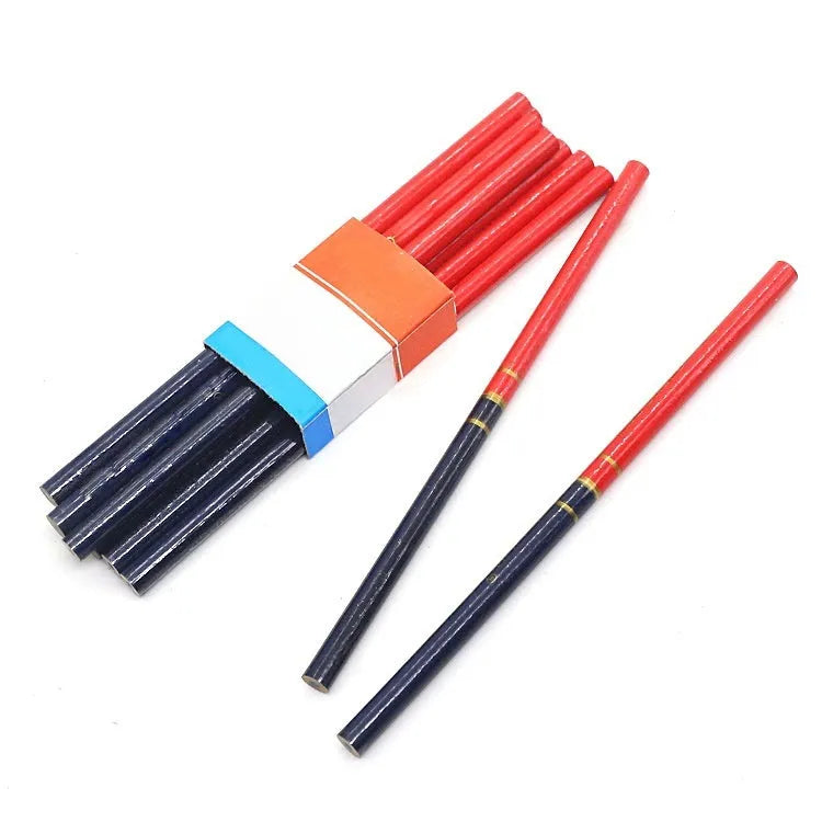 Red and blue two-colour round carpenter's pencil with wooden body, 10 pieces pack