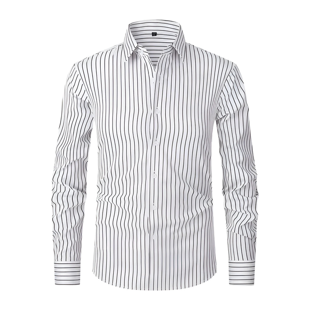 Men's striped long sleeve shirt in polyester blend fabric with slim fit cardigan styling