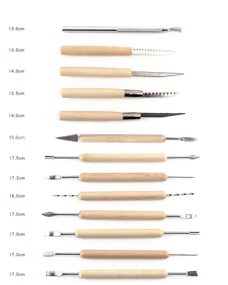Brown roll package containing 27 pottery clay sculpting tools made of stainless steel, wood, and plastic.