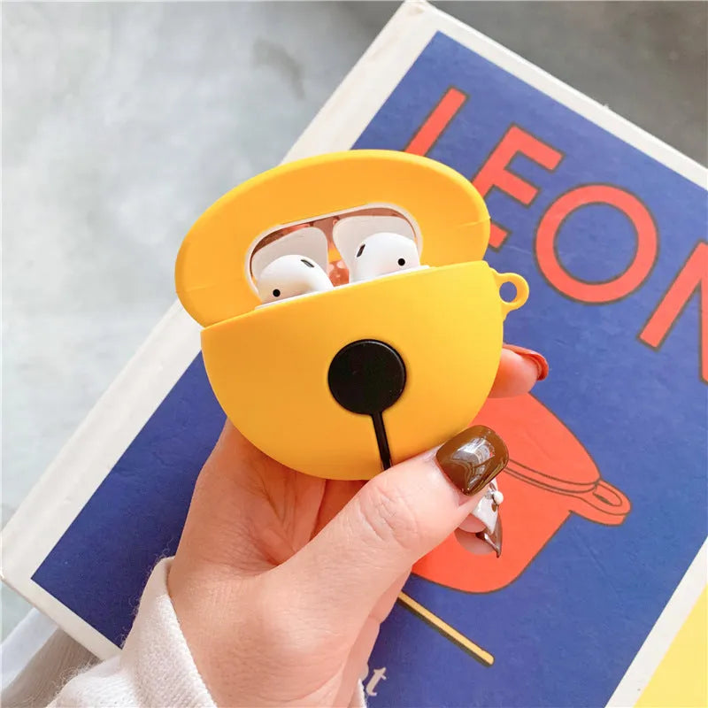 Yellow silicone bell-shaped protective case for AirPods and universal headphones.