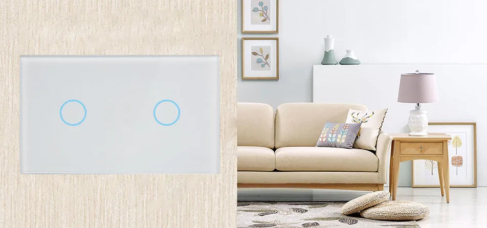 2-gang RF remote control wall touch switch with tempered glass panel in white finish