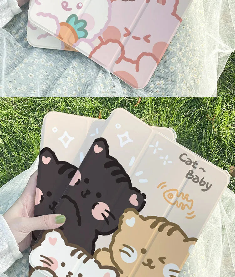 Silicone tri-fold protective case for iPad with cartoon rabbit design, shown folded as a stand.