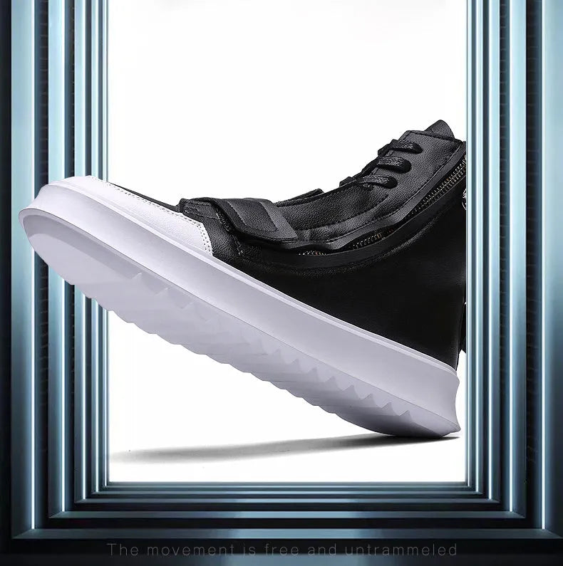 Men's black PU leather ankle boots in a high-top sneaker winter style