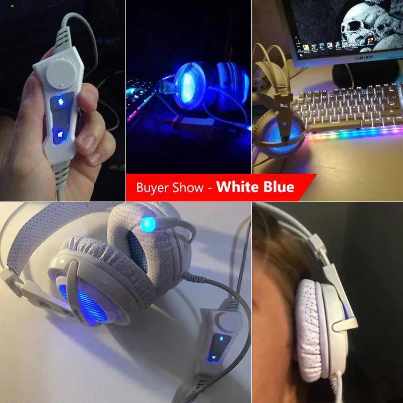 White USB gaming headset with LED lights and memory foam ear cushions on a black background.