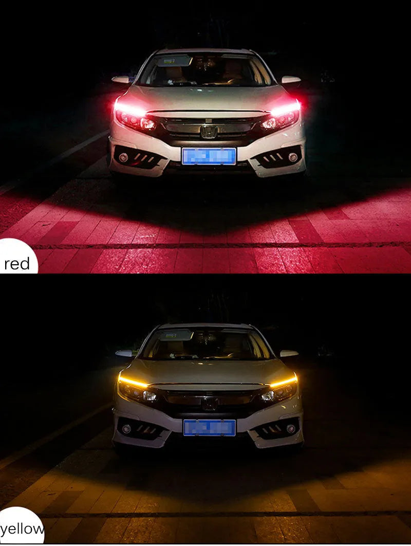 Silicone car LED daytime running light strip with wires, showing flowing turn signal effect.