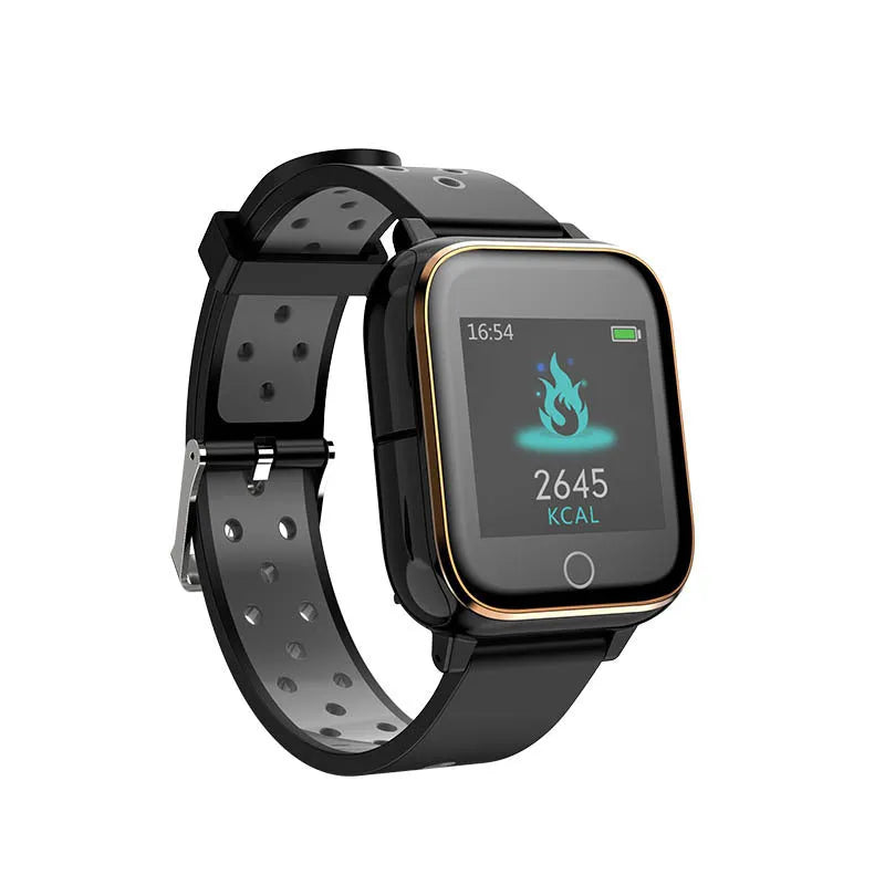 Black smart watch with integrated Bluetooth earphones showing heart rate display on 1.4-inch screen