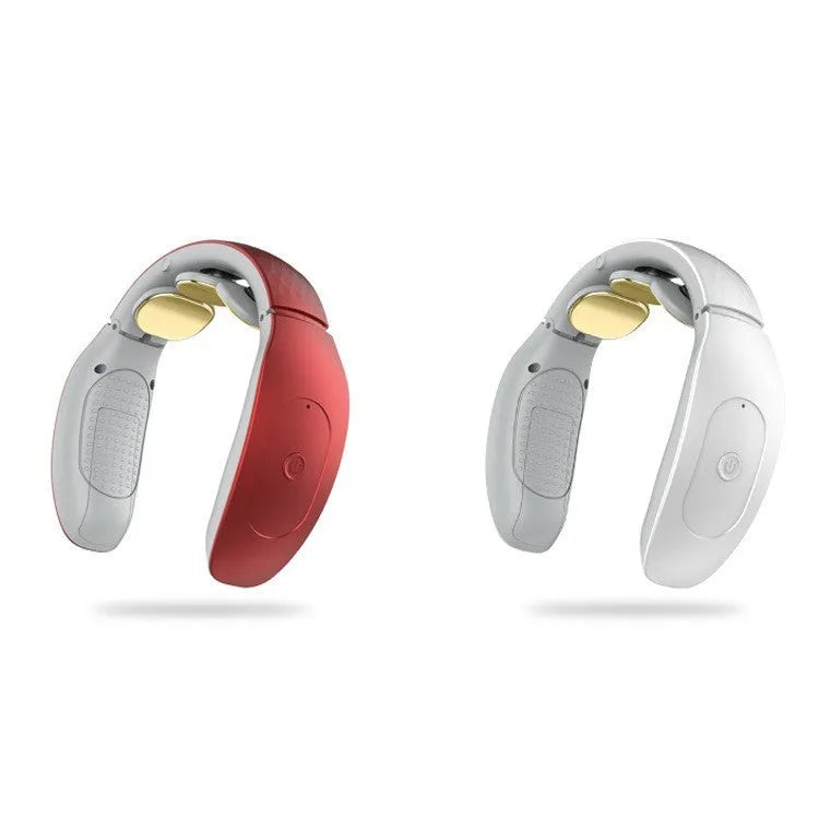 Small handheld intelligent cervical massager in red or white with battery and computer controls.