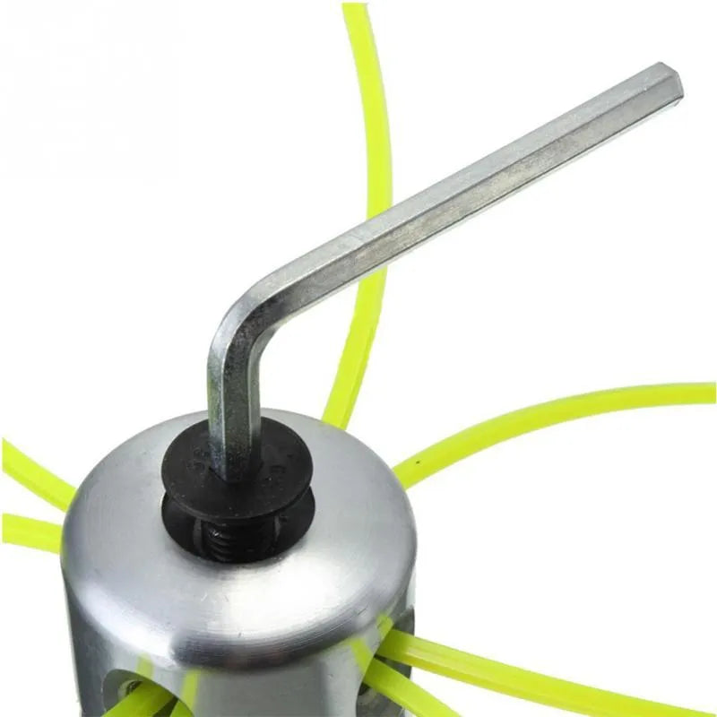 Silver aluminium lawn mower grass head with four light yellow square ropes and installation tools