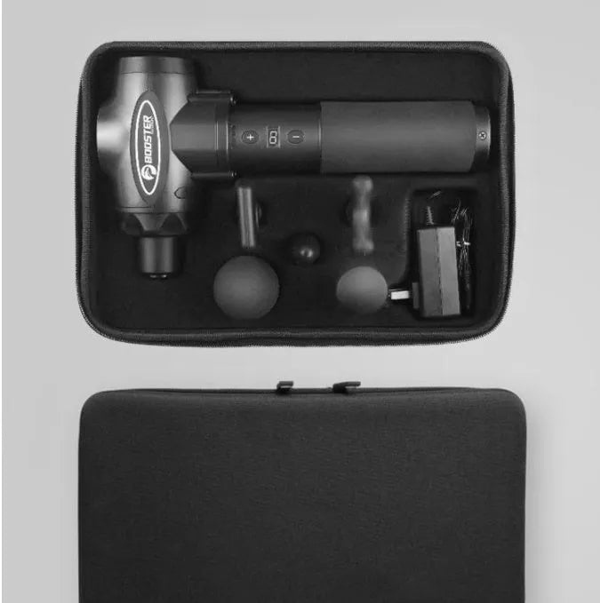 Black and white portable massage gun with variable speed control for muscle relaxation