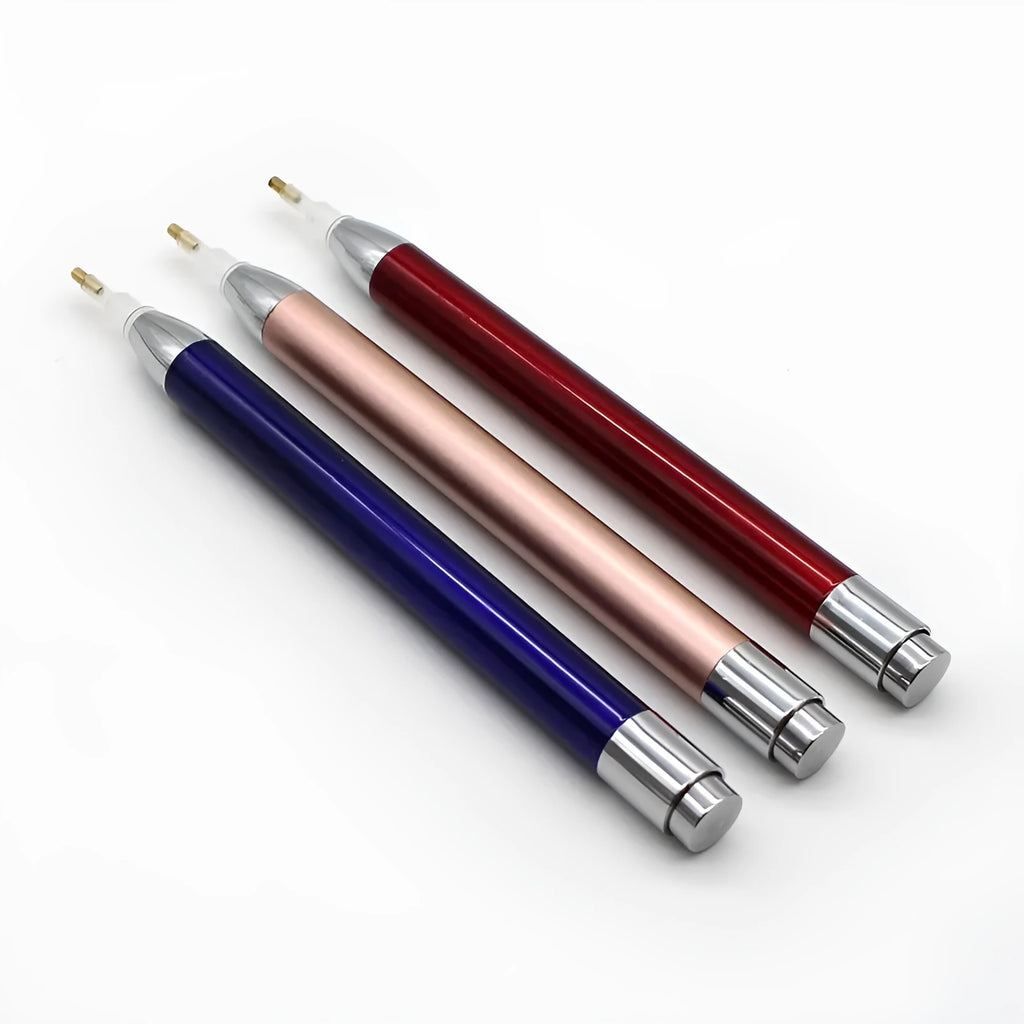 Luminous diamond painting drill pen in aluminium alloy, single-head, blue colour, with a simple metal frame.