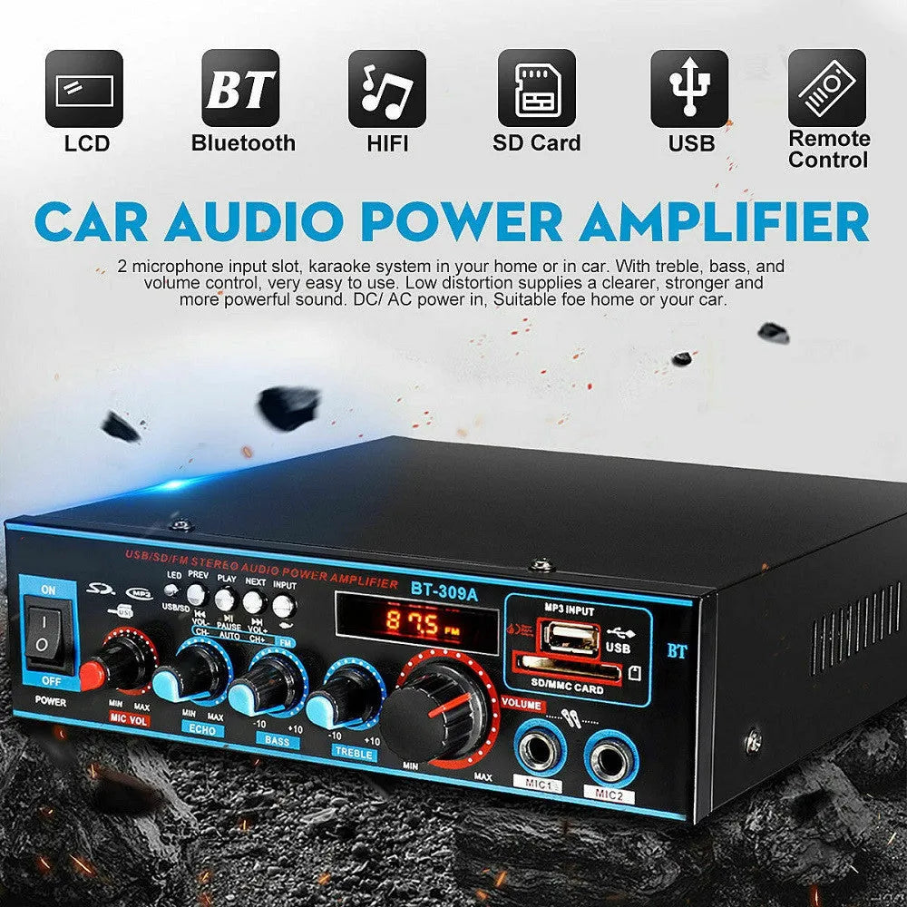 Black iron Bluetooth power amplifier with recording function and remote control for home and car audio