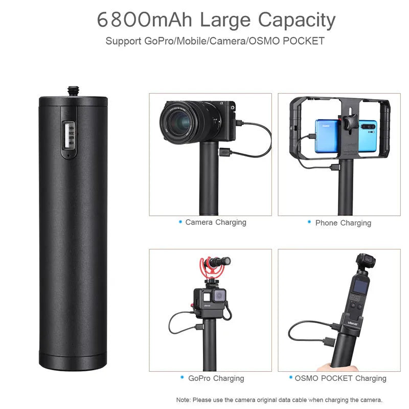 Black aluminium alloy portable power bank with a carrying handle, showing front and side views.