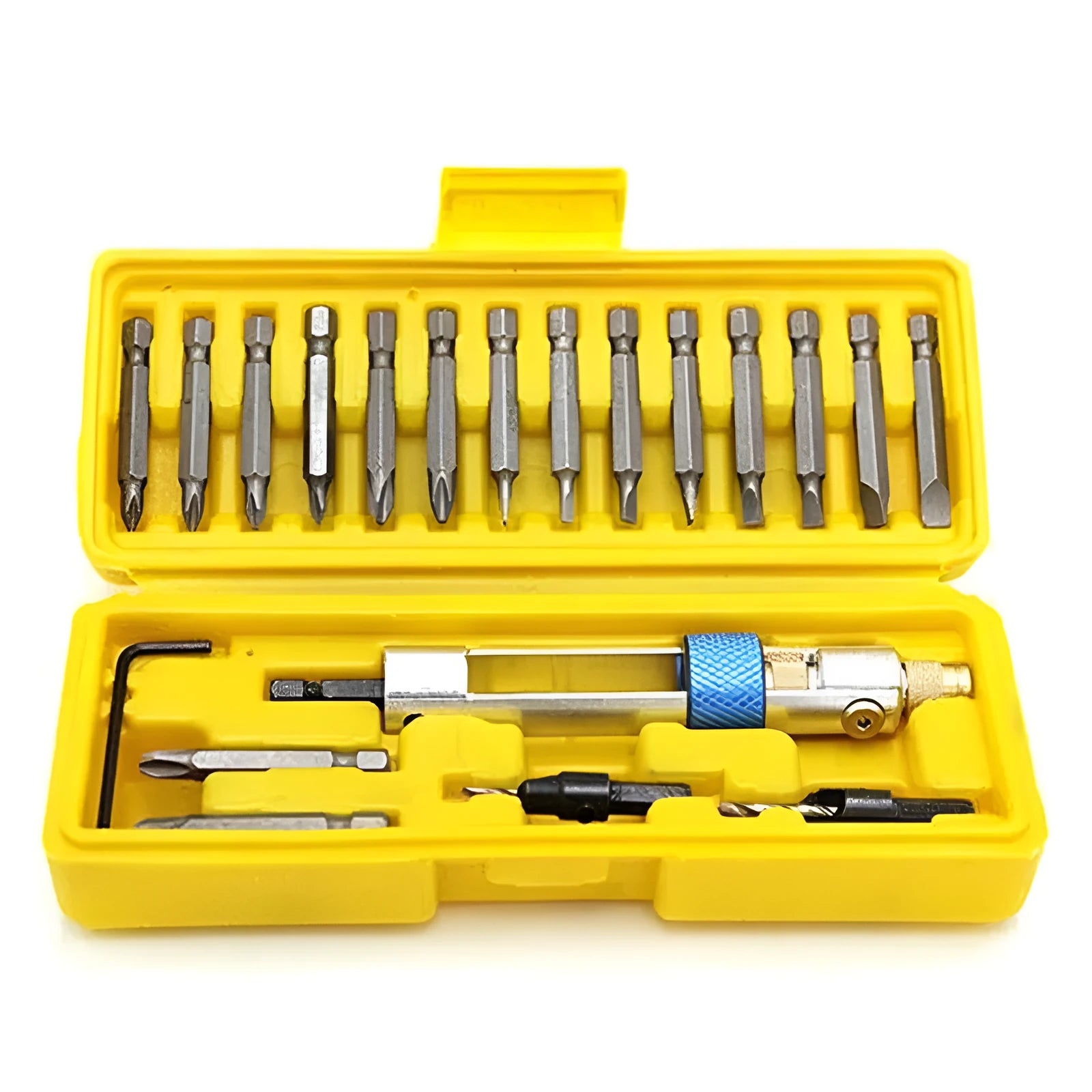 Red Half Time Drill driver attachment with swivel head and storage case full of Phillips and flathead bits.
