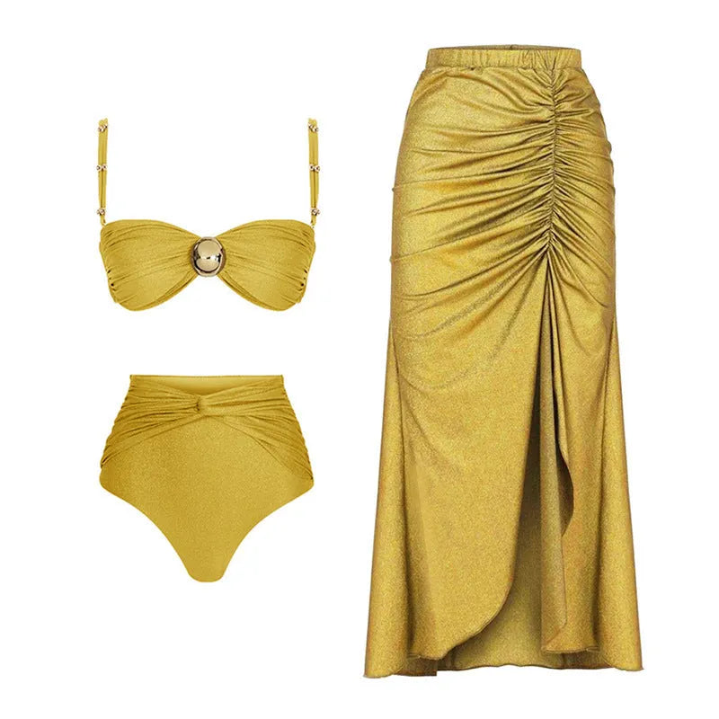 Women's high waist bikini swimsuit set with skirt cover-up in yellow split or green colour