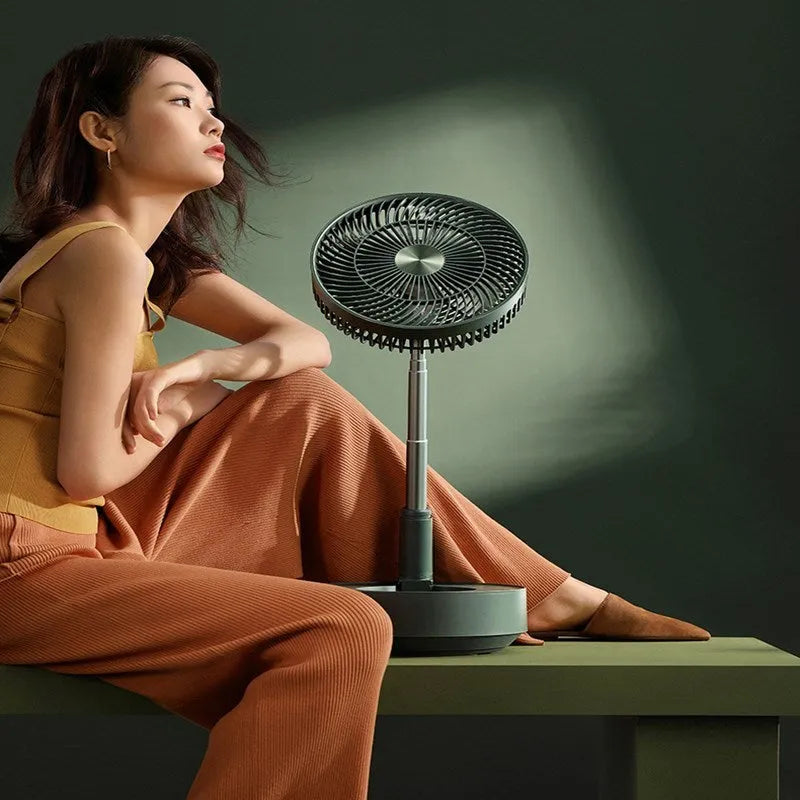 Storage floor electric fan in white, telescopic folding from desktop to vertical standing height, with magnetic remote control