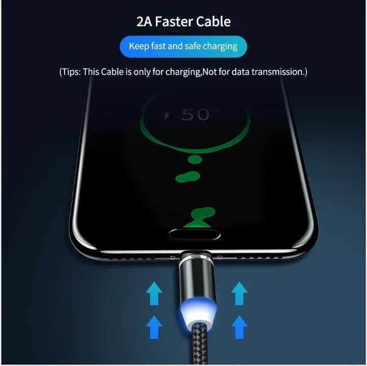 YBD 1 metre cotton braided magnetic charging cable with Lightning, Micro USB and Type-C connectors.