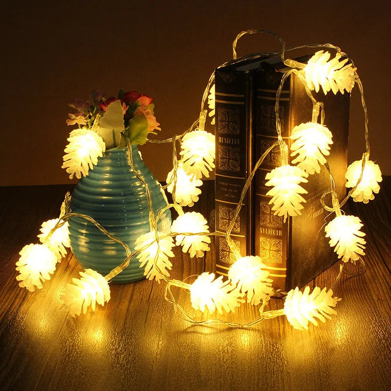 Warm white battery-powered LED pine cone light string for indoor and outdoor decoration