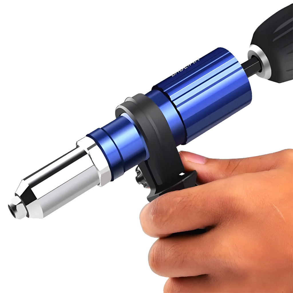 Electric rivet gun with auxiliary grip, 160mm length, carbon steel and plastic construction, blue and black colour