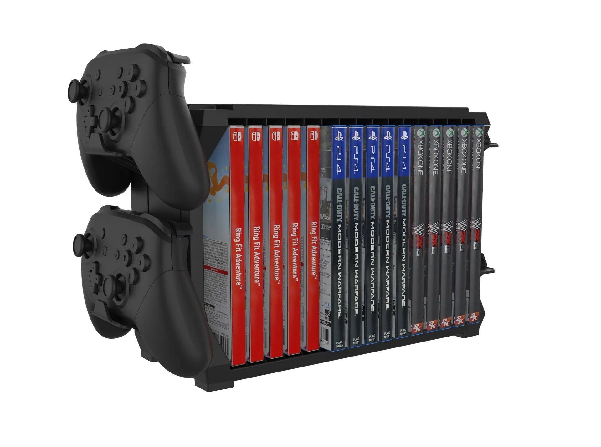 Black PS5 disc holder and console stand with game cartridge compartments and controller charging dock