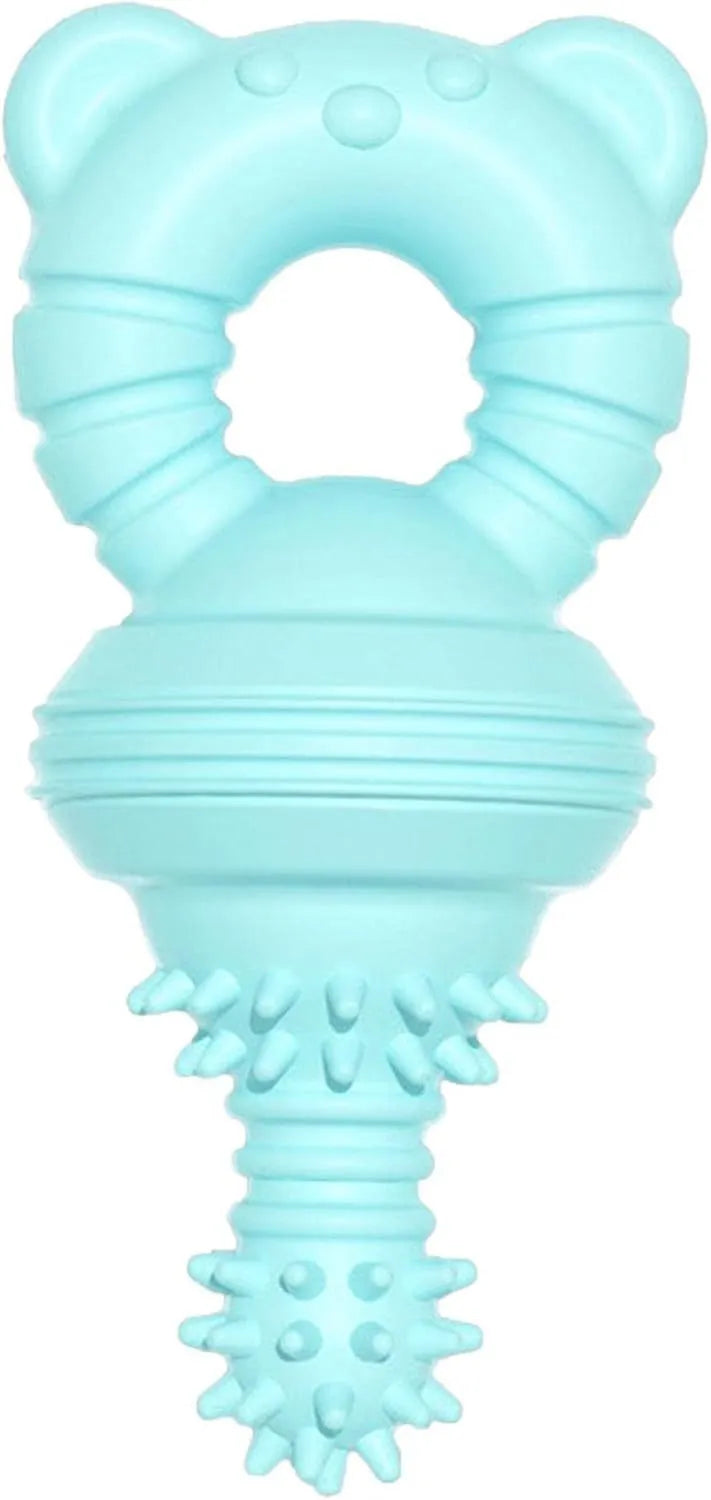 Blue rubber dog chew toy with molar cleaning texture, shown next to a measuring tape indicating 13.5cm size.