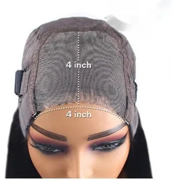 A long, straight, glueless human hair wig with side bangs, shown in a dark colour.
