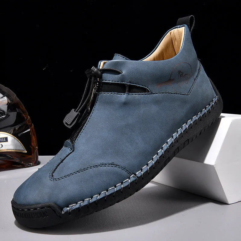 Men's leather casual shoes with mid-heel in black, blue, green, or khaki colours