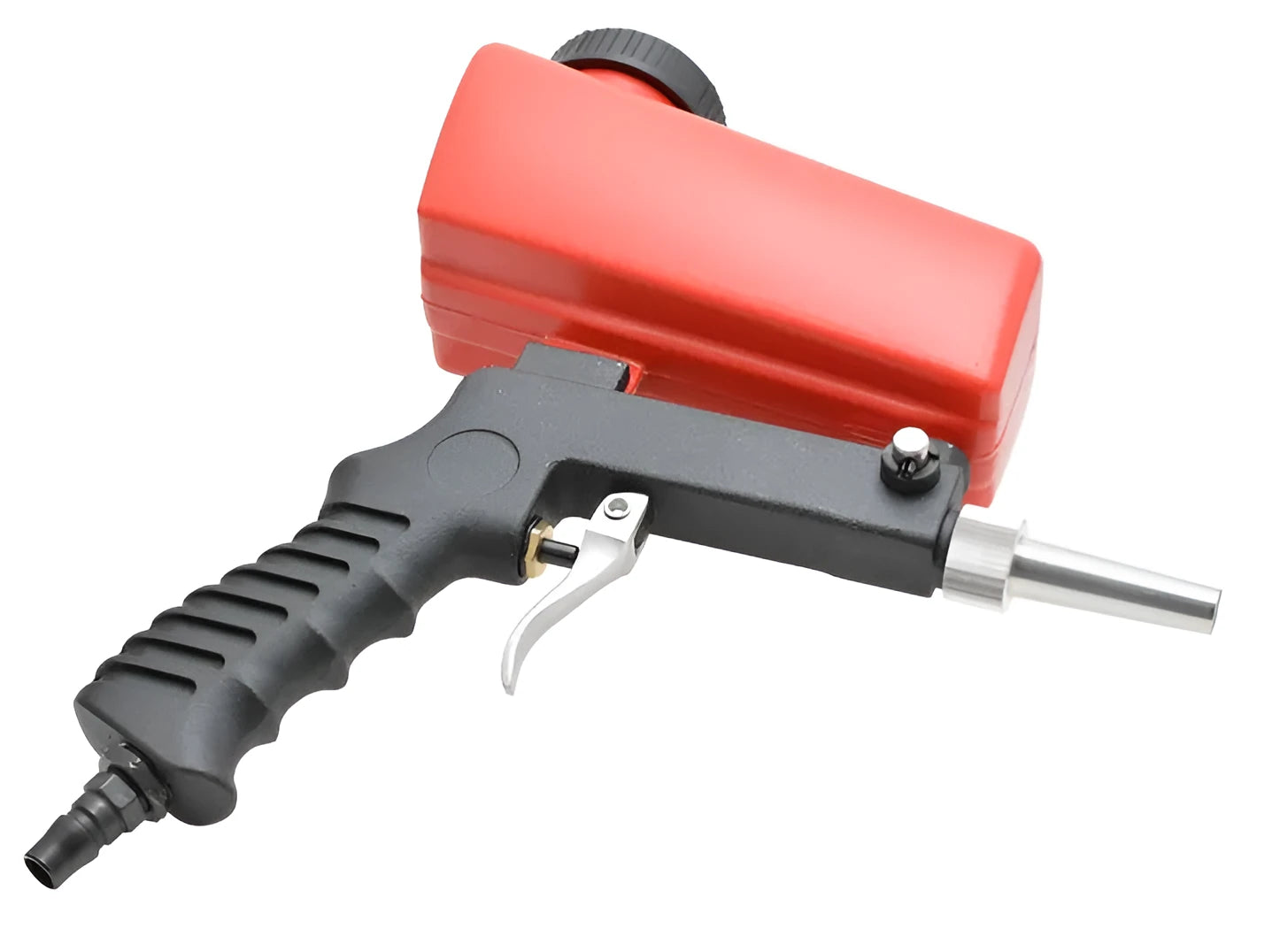 Small black and blue gravity feed pneumatic sandblasting gun with nozzle.