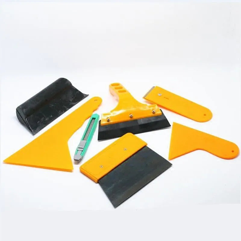 Seven-piece car foil tool set with scrapers, knives and pressing block for film installation