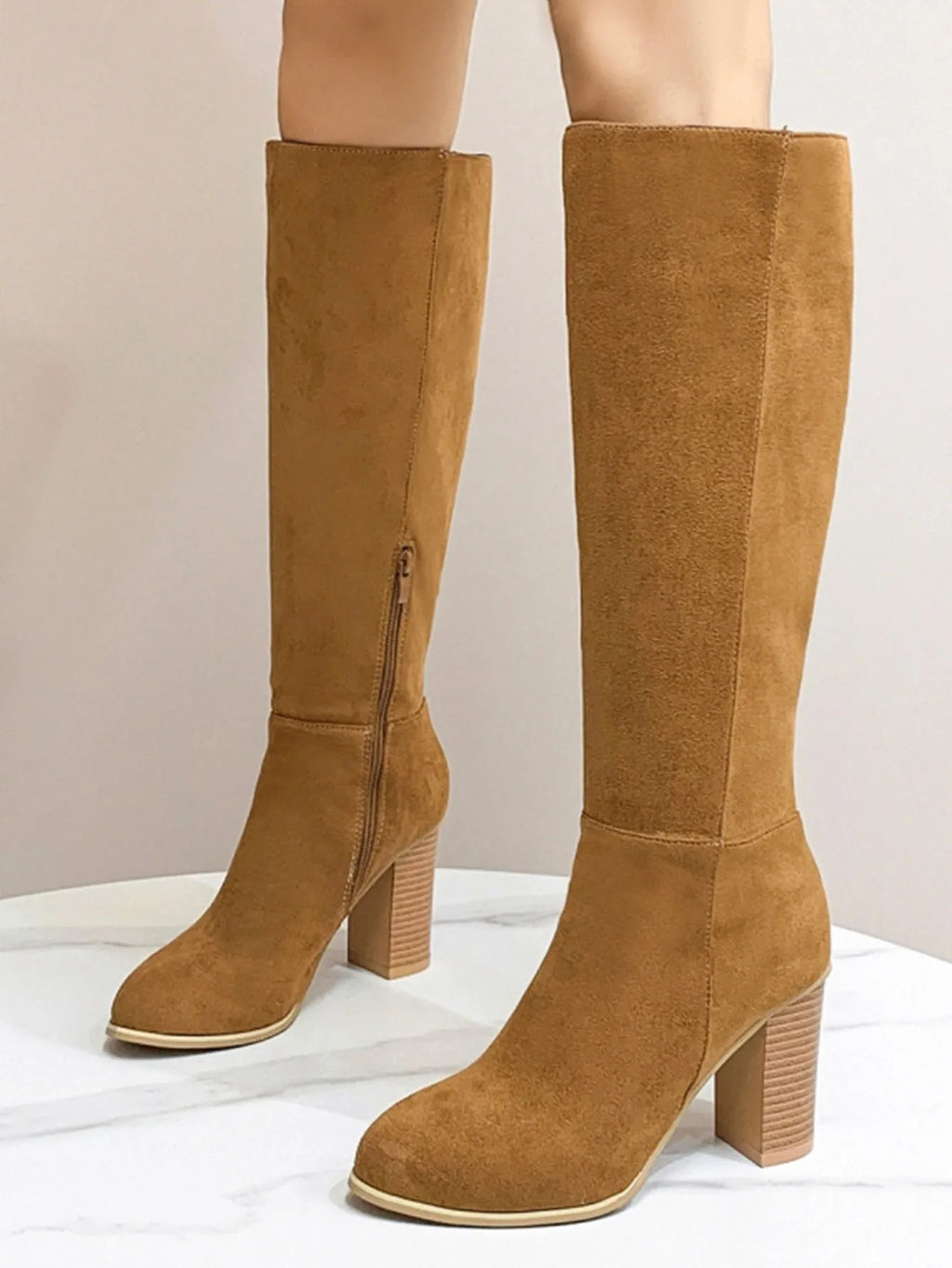 Women's black square toe high heel fashion boots with artificial PU upper