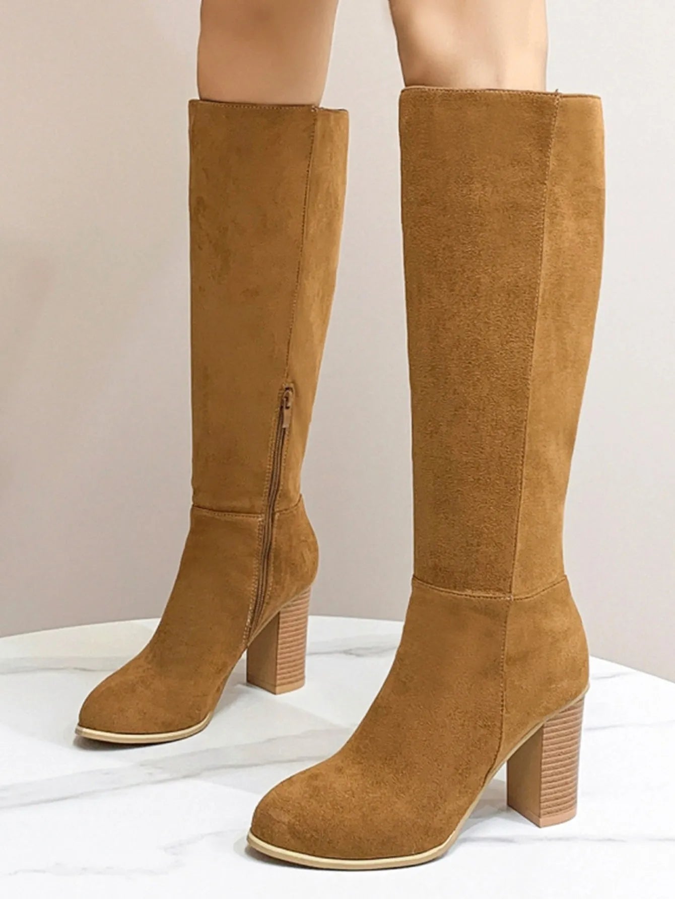 Women's black square toe high heel fashion boots with artificial PU upper